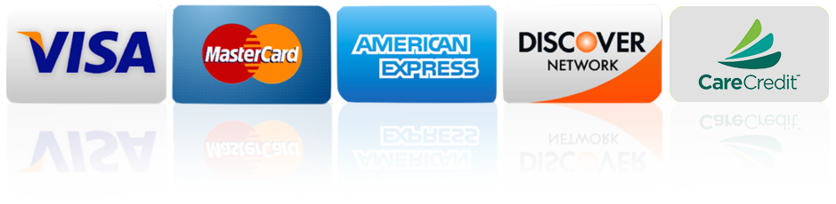 Credit card and payment method logos: Visa, Mastercard, American Express, Discover, and CareCredit.