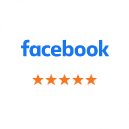Facebook logo with five orange stars indicating excellent customer rating or review.