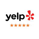 Yelp logo with five gold stars indicating excellent customer rating for Family Dentistry & Aesthetics Inc.