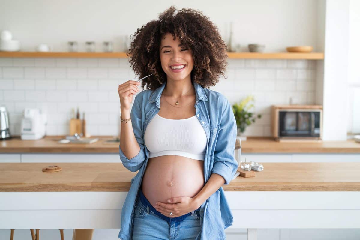 Pregnant woman smiling in modern kitchen, holding belly, wearing blue shirt and white tank top.